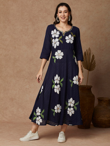 Floral Patchwork Solid A-Line Flared Maxi Dress - Blue