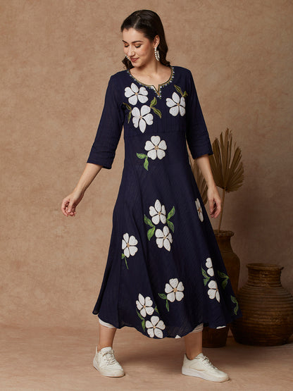 Floral Patchwork Solid A-Line Flared Maxi Dress - Blue