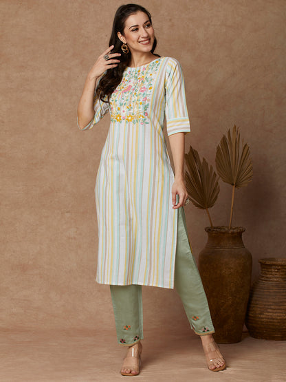 Stripes Woven & Floral Hand Embroidered Straight Fit Kurta - White