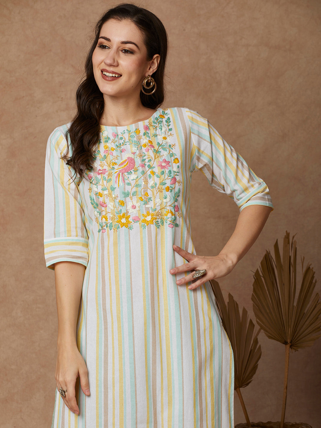 Stripes Woven & Floral Hand Embroidered Straight Fit Kurta - White