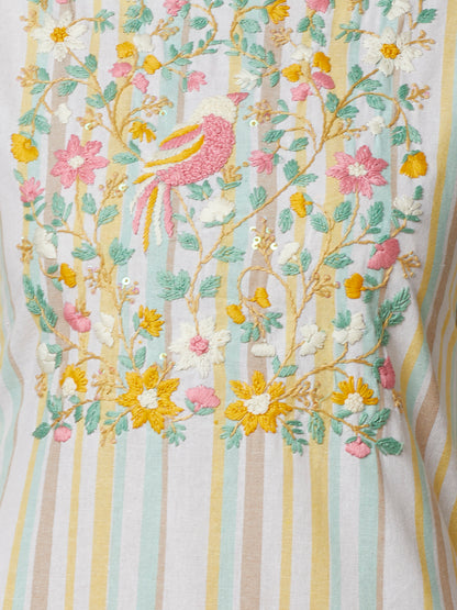 Stripes Woven & Floral Hand Embroidered Straight Fit Kurta - White
