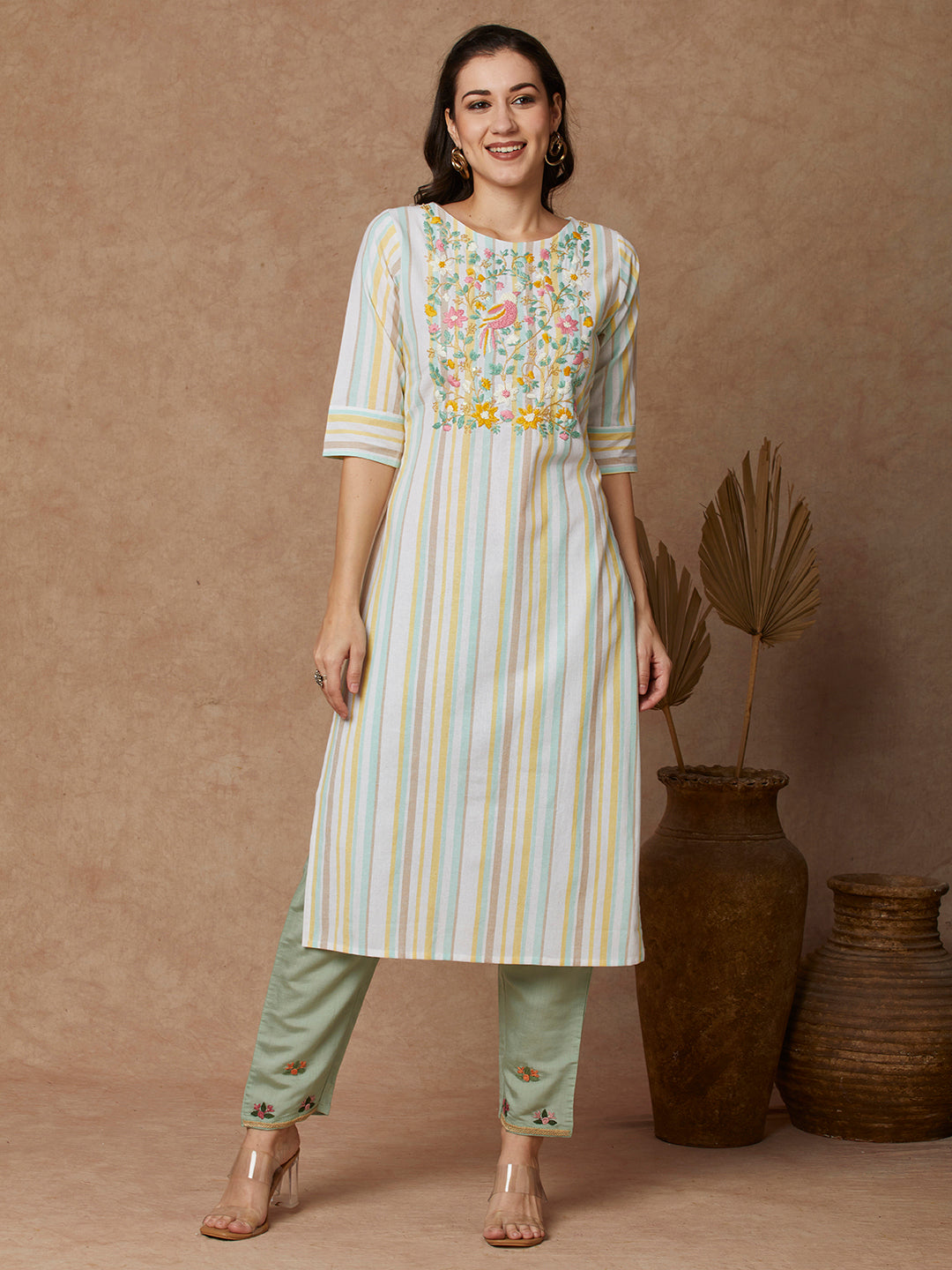 Stripes Woven & Floral Hand Embroidered Straight Fit Kurta - White