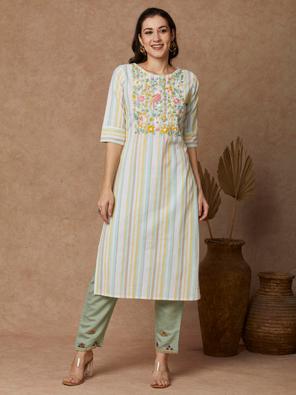 Stripes Woven & Floral Hand Embroidered Straight Fit Kurta - White