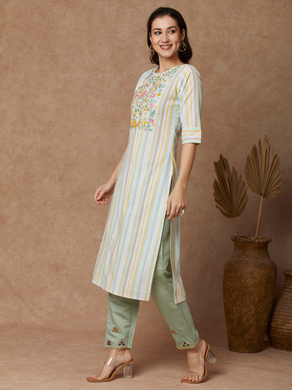 Stripes Woven & Floral Hand Embroidered Straight Fit Kurta - White