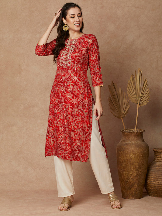 Bandhani Floral Printed & Embroidered Straight Fit Kurta - Red