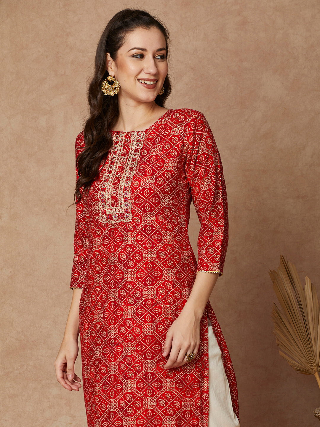 Bandhani Floral Printed & Embroidered Straight Fit Kurta - Red