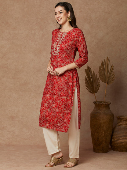 Bandhani Floral Printed & Embroidered Straight Fit Kurta - Red