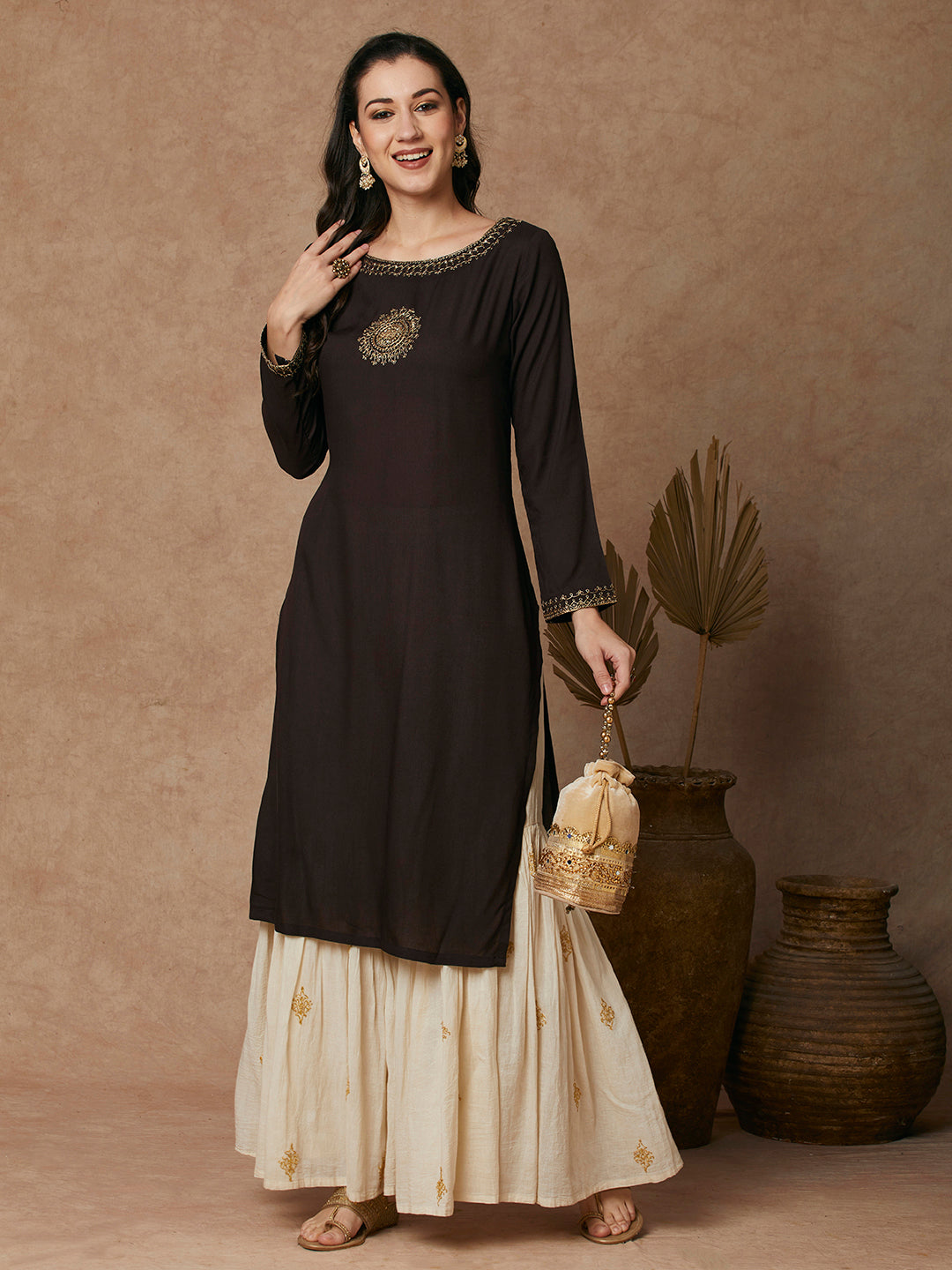 Solid Ethnic Dori Embroidered Straight Fit Kurta - Brown