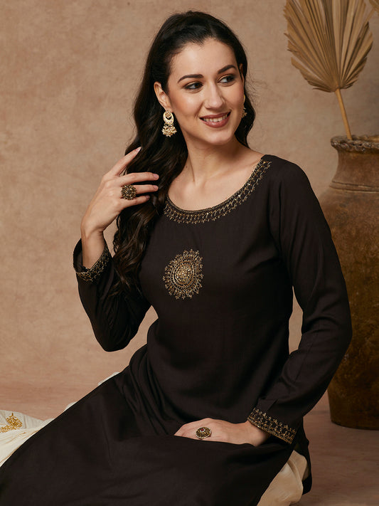 Solid Ethnic Dori Embroidered Straight Fit Kurta - Brown