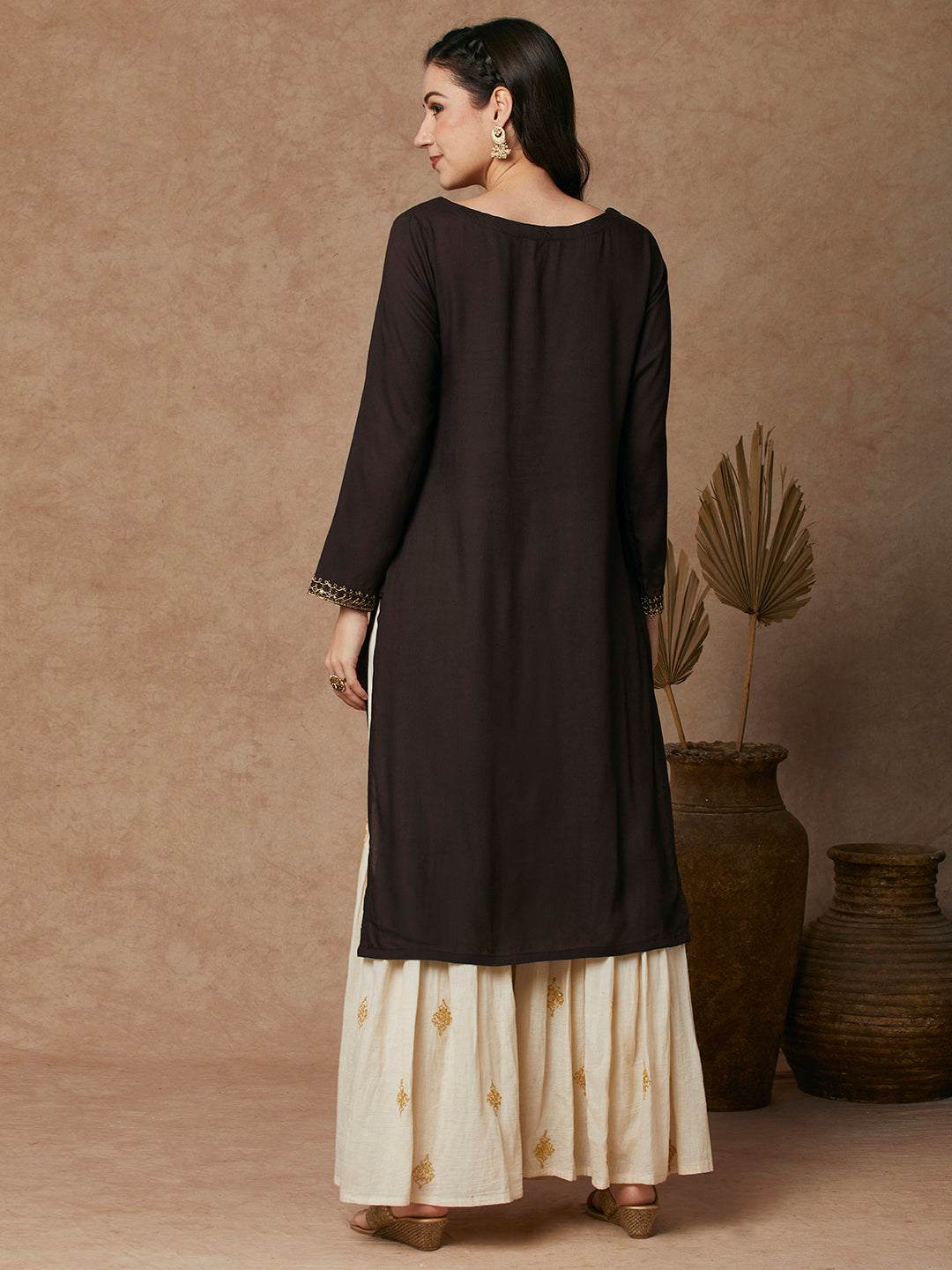 Solid Ethnic Dori Embroidered Straight Fit Kurta - Brown