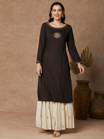 Solid Ethnic Dori Embroidered Straight Fit Kurta - Brown