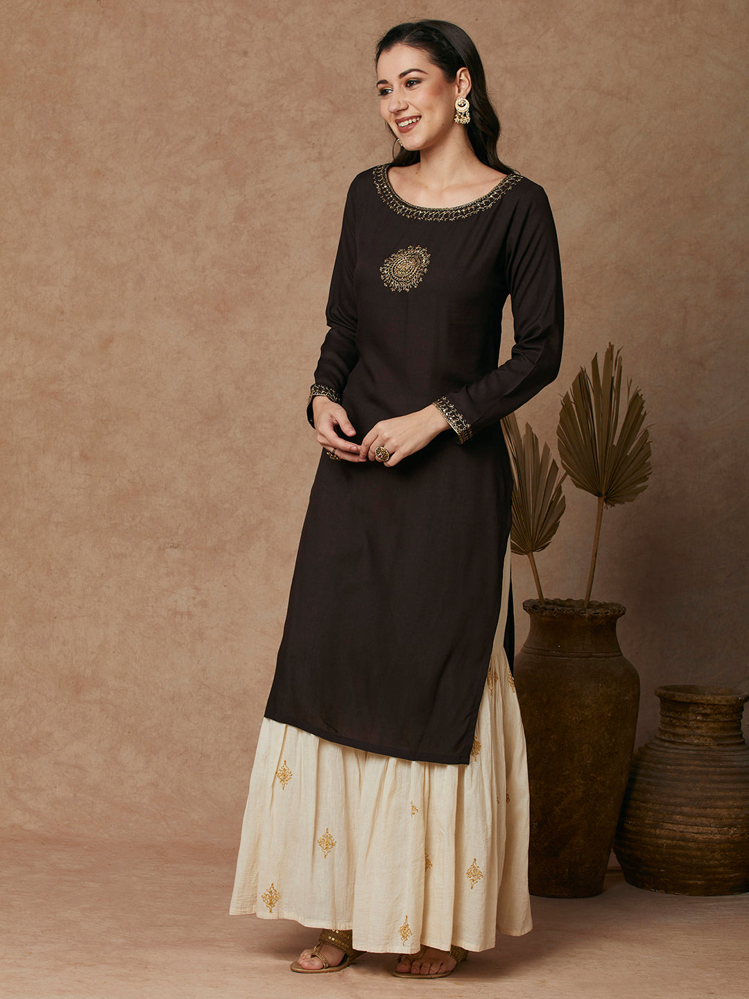 Solid Ethnic Dori Embroidered Straight Fit Kurta - Brown