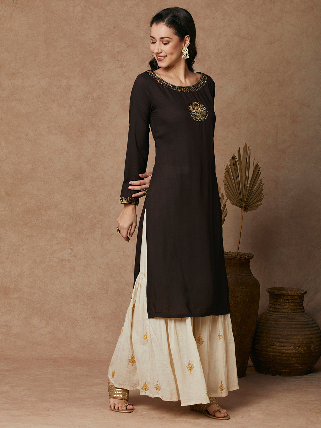 Solid Ethnic Dori Embroidered Straight Fit Kurta - Brown