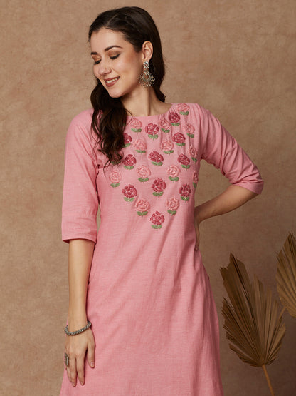 Solid Floral Hand Embroidered Straight Kurta with Pant - Pink