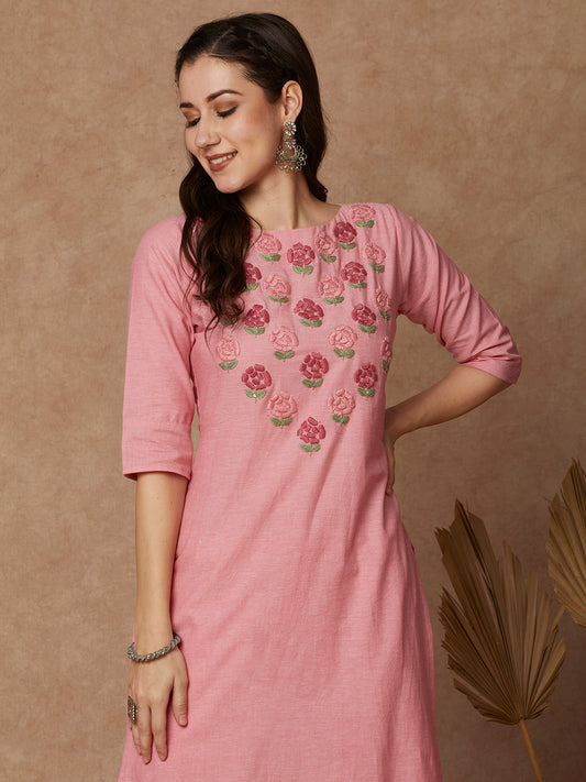 Solid Floral Hand Embroidered Straight Kurta with Pant - Pink