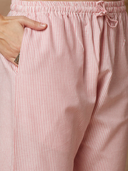 Solid Floral Hand Embroidered Straight Kurta with Pant - Pink