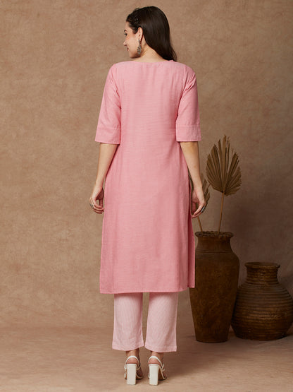 Solid Floral Hand Embroidered Straight Kurta with Pant - Pink