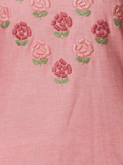 Solid Floral Hand Embroidered Straight Kurta with Pant - Pink