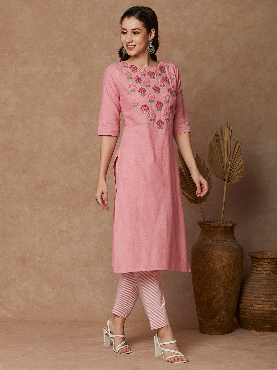 Solid Floral Hand Embroidered Straight Kurta with Pant - Pink
