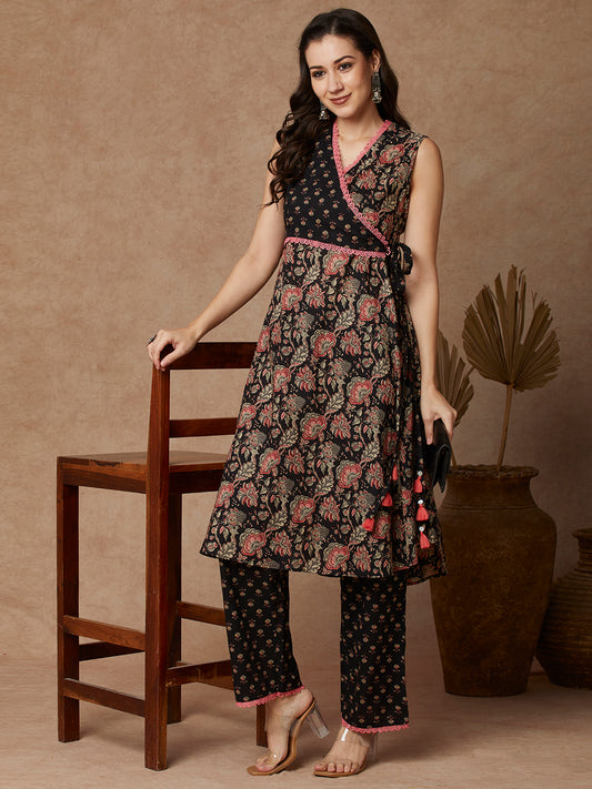 Ethnic Printed A-Line Warp Tie - Up Kurta with Palazzo - Black