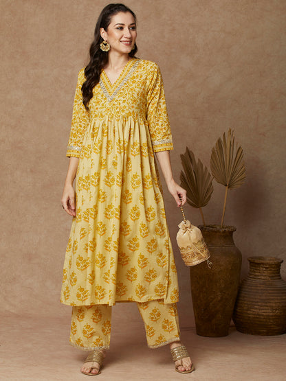 Ethnic Floral Printed & Embroidered A-Line Pleated Kurta with Palazzo - Yellow