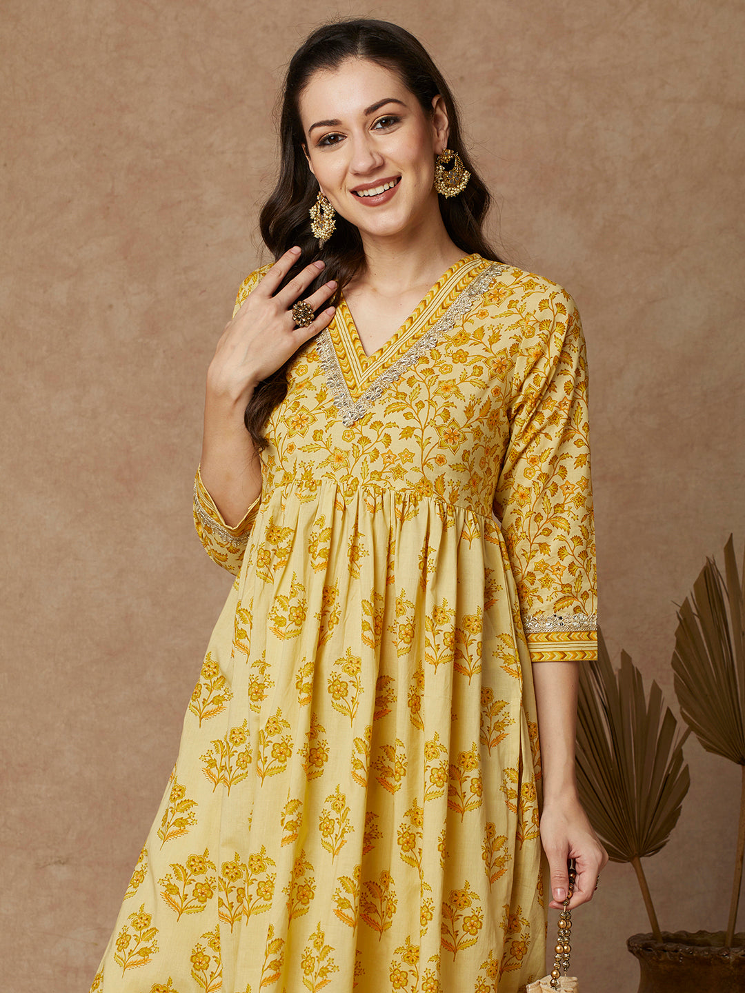 Ethnic Floral Printed & Embroidered A-Line Pleated Kurta with Palazzo - Yellow