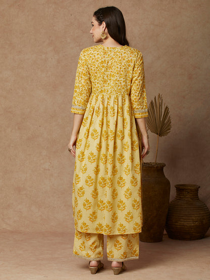 Ethnic Floral Printed & Embroidered A-Line Pleated Kurta with Palazzo - Yellow