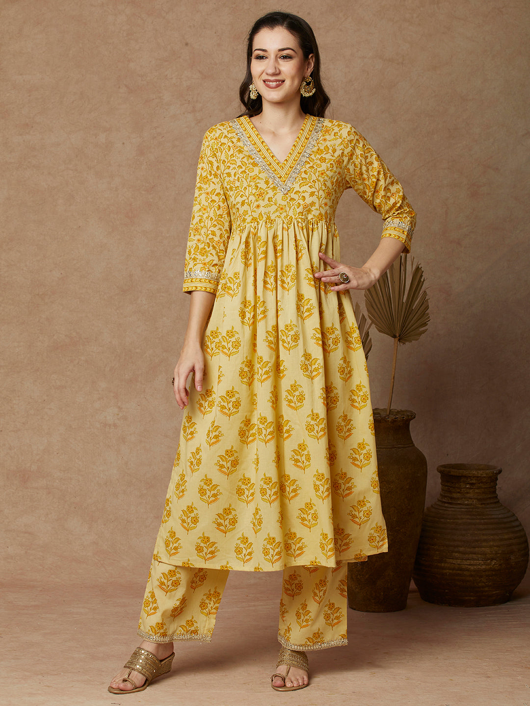 Ethnic Floral Printed & Embroidered A-Line Pleated Kurta with Palazzo - Yellow