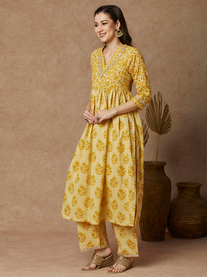 Ethnic Floral Printed & Embroidered A-Line Pleated Kurta with Palazzo - Yellow