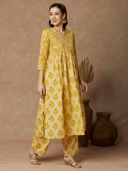 Ethnic Floral Printed & Embroidered A-Line Pleated Kurta with Palazzo - Yellow