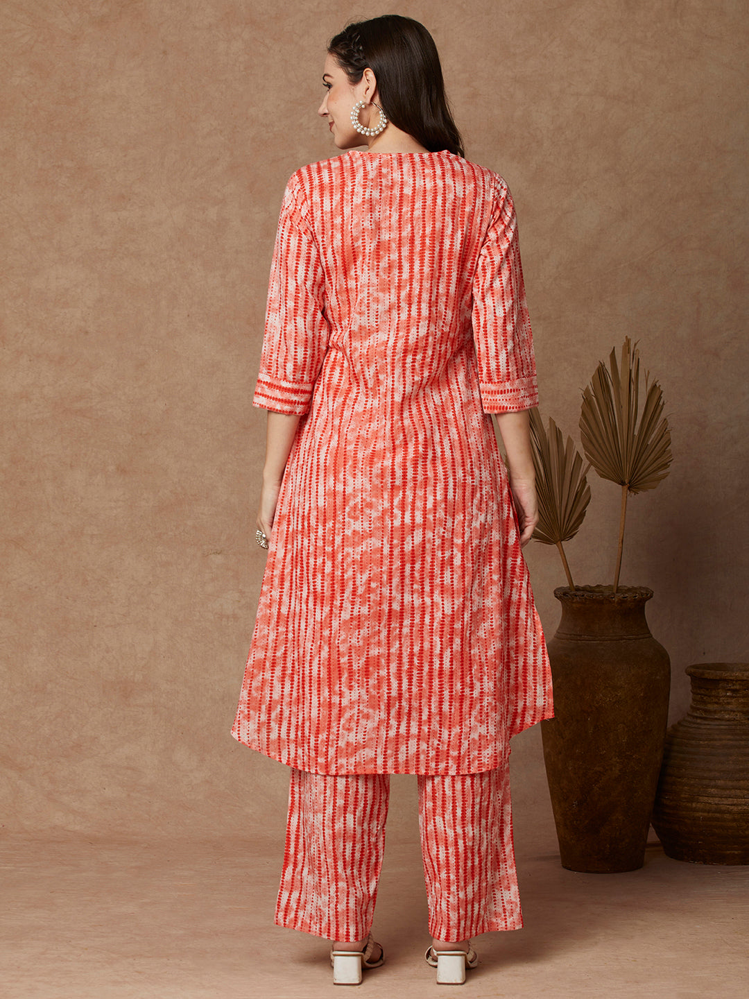 Ethnic Floral Printed A-Line Co-ord Set - Coral