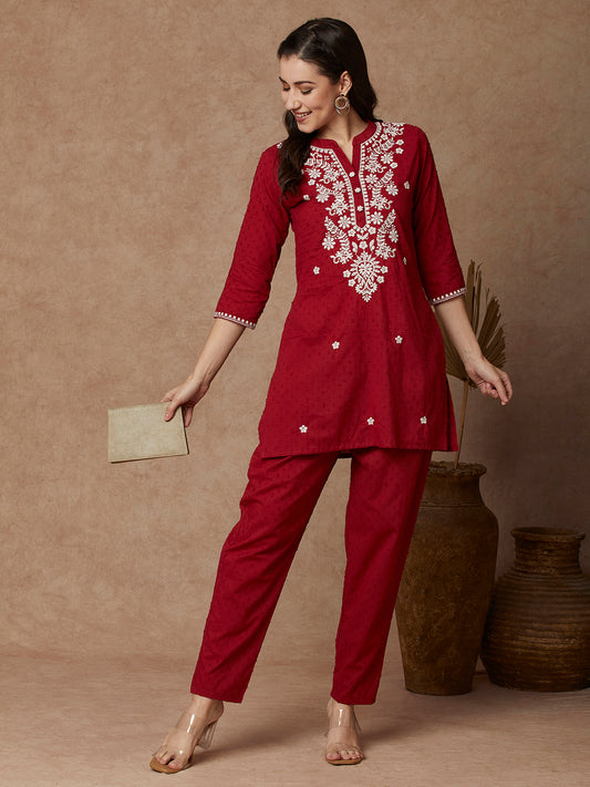 Solid Floral Chikankari Embroidered Straight Fit Co-ord Set - Red