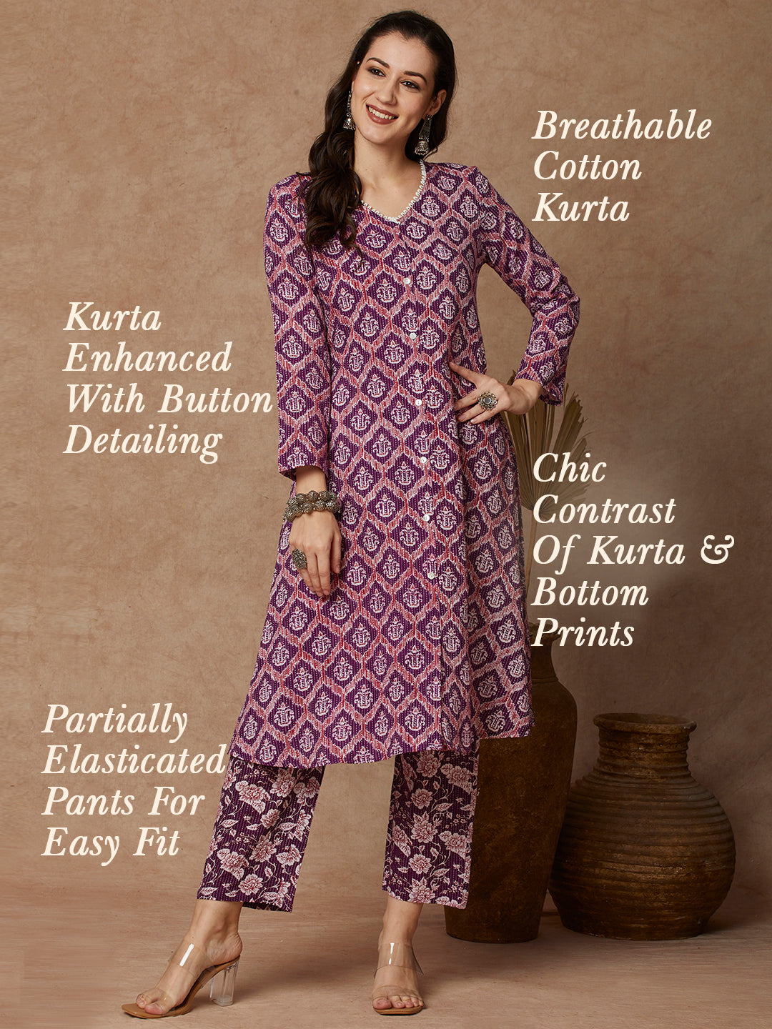 Ethnic Printed A-Line Kurta with Pant - Purple