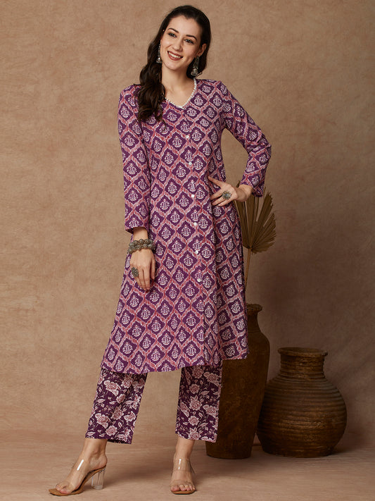 Ethnic Printed A-Line Kurta with Pant - Purple