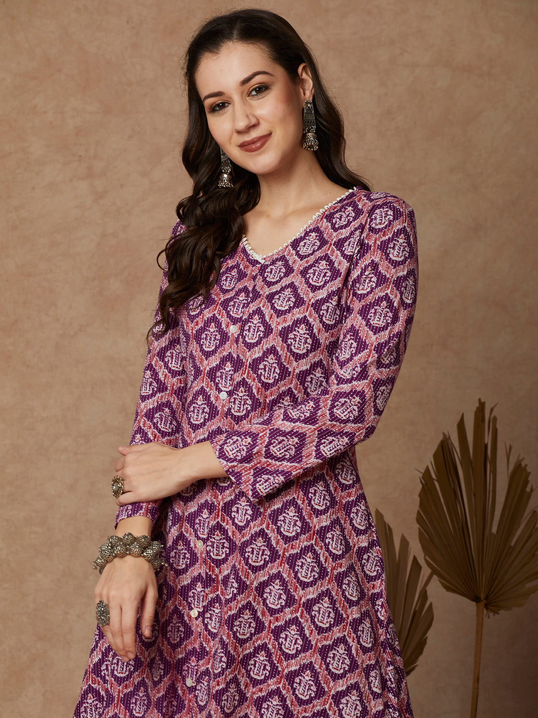 Ethnic Printed A-Line Kurta with Pant - Purple