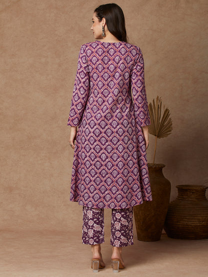 Ethnic Printed A-Line Kurta with Pant - Purple