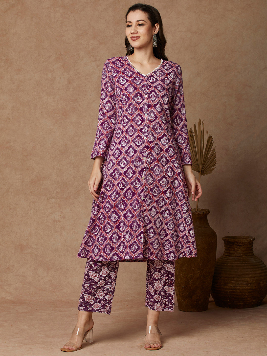 Ethnic Printed A-Line Kurta with Pant - Purple