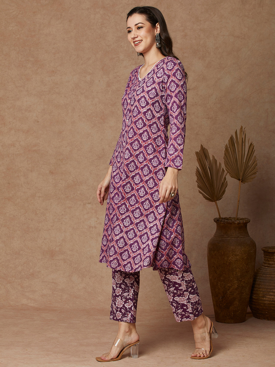 Ethnic Printed A-Line Kurta with Pant - Purple