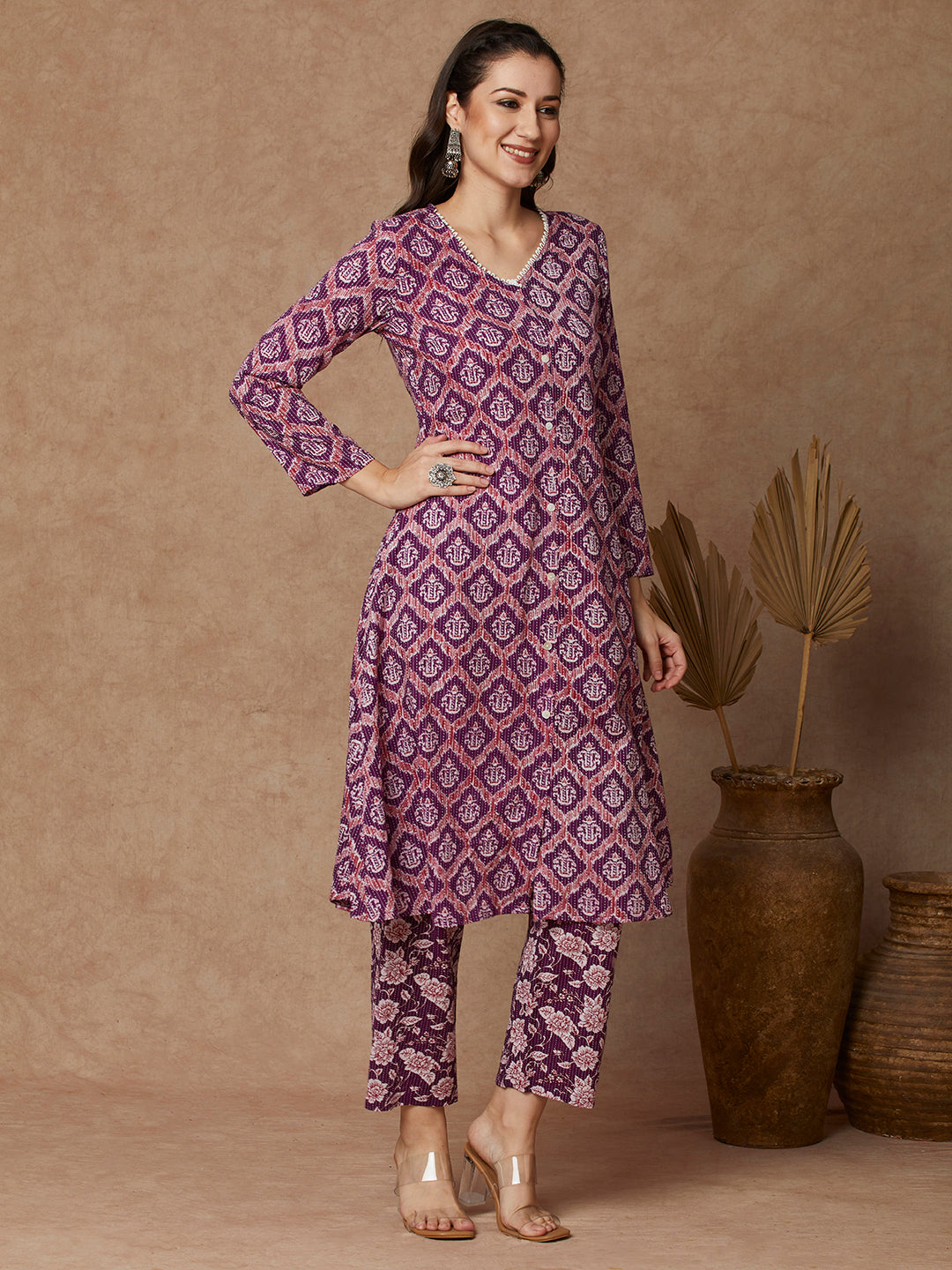 Ethnic Printed A-Line Kurta with Pant - Purple