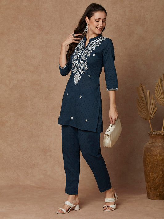 Solid Floral Chikankari Embroidered Straight Fit Co-ord Set - Blue