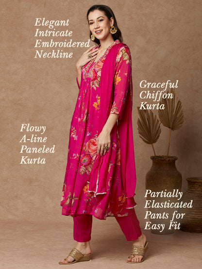 Floral Printed & Embroidered A-Line Paneled Kurta with Pant and Dupatta - Pink