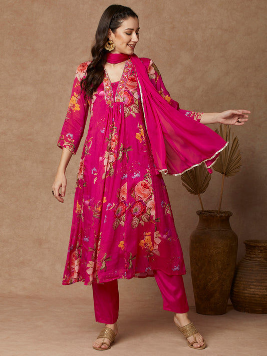 Floral Printed & Embroidered A-Line Paneled Kurta with Pant and Dupatta - Pink