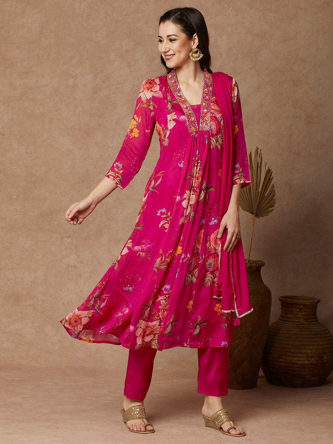 Floral Printed & Embroidered A-Line Paneled Kurta with Pant and Dupatta - Pink