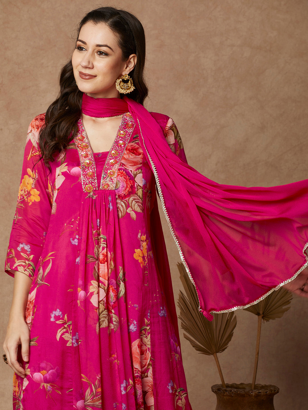 Floral Printed & Embroidered A-Line Paneled Kurta with Pant and Dupatta - Pink