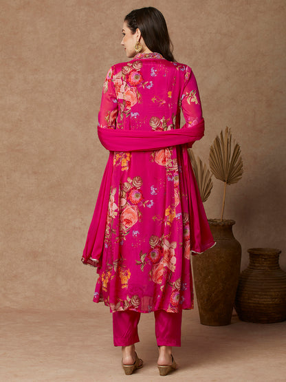 Floral Printed & Embroidered A-Line Paneled Kurta with Pant and Dupatta - Pink