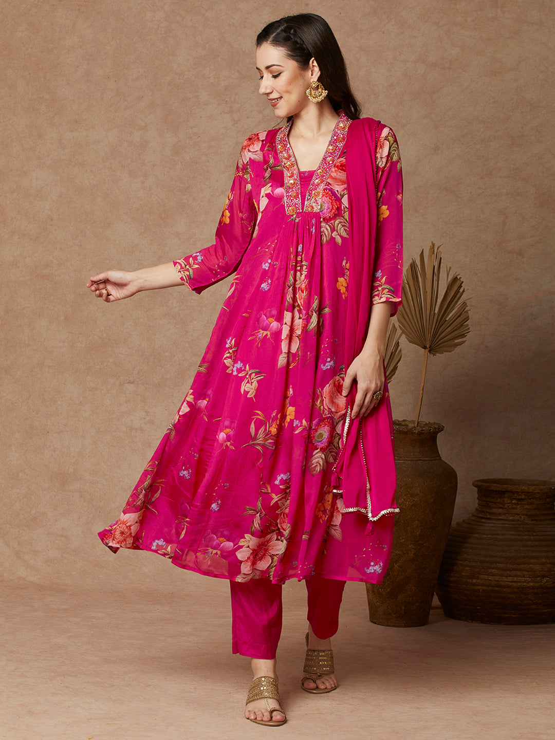 Floral Printed & Embroidered A-Line Paneled Kurta with Pant and Dupatta - Pink