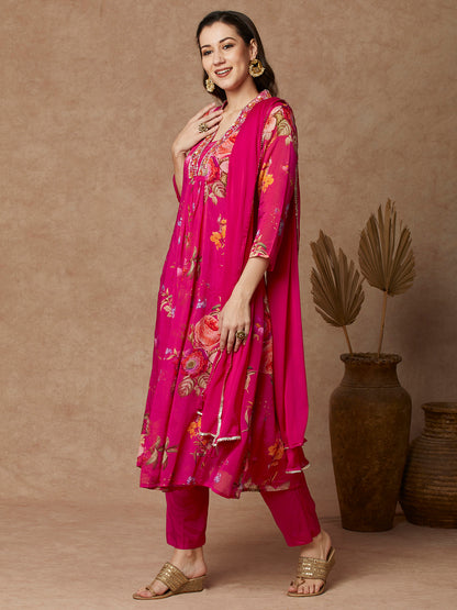 Floral Printed & Embroidered A-Line Paneled Kurta with Pant and Dupatta - Pink