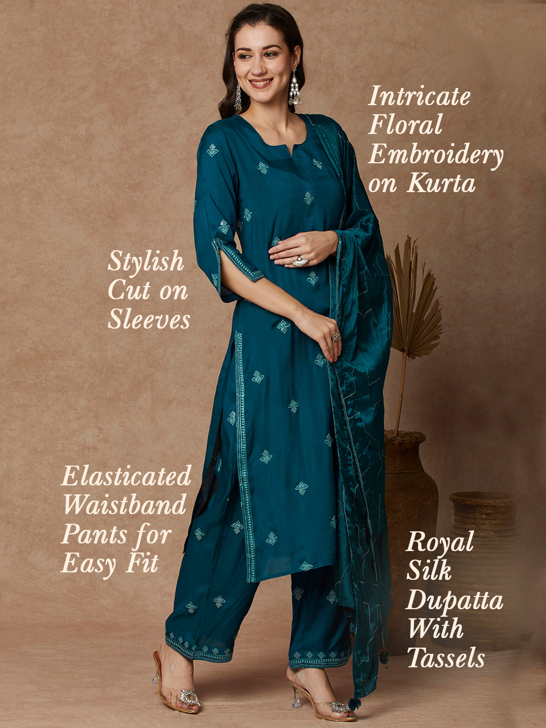 Solid Floral Embroidered Straight Fit Kurta with Pant and Dupatta - Teal Blue