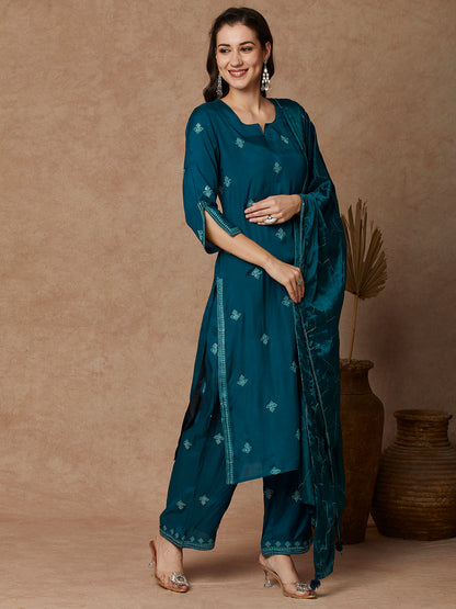 Solid Floral Embroidered Straight Fit Kurta with Pant and Dupatta - Teal Blue