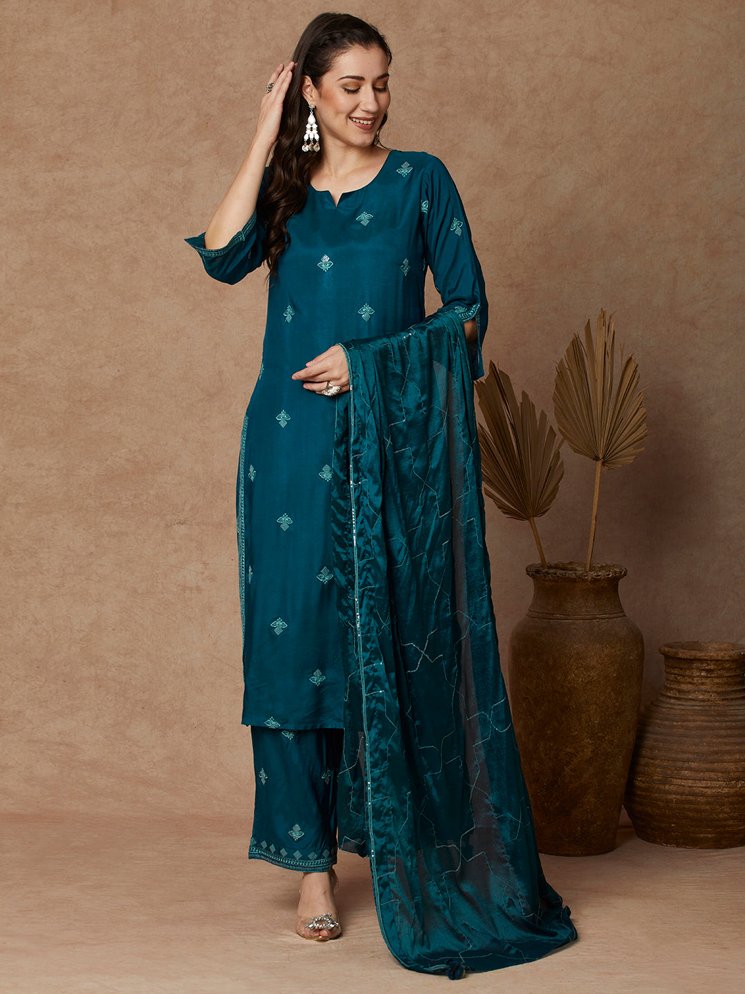 Solid Floral Embroidered Straight Fit Kurta with Pant and Dupatta - Teal Blue